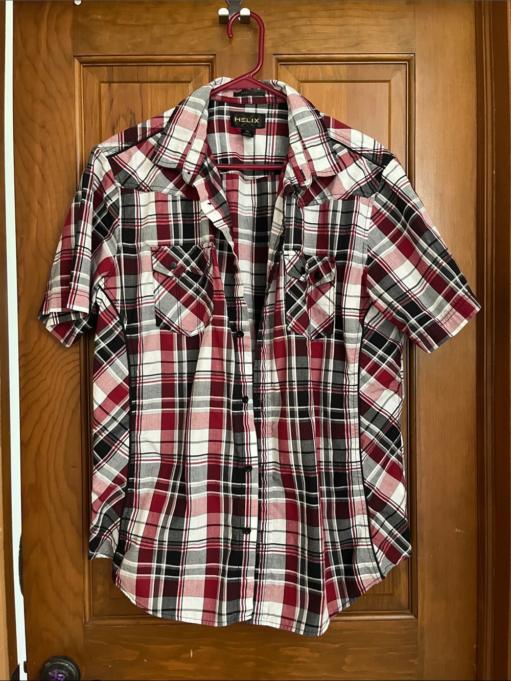 Helix Men’s Burgundy, Black & White Plaid Short-Sleeve Button-Down